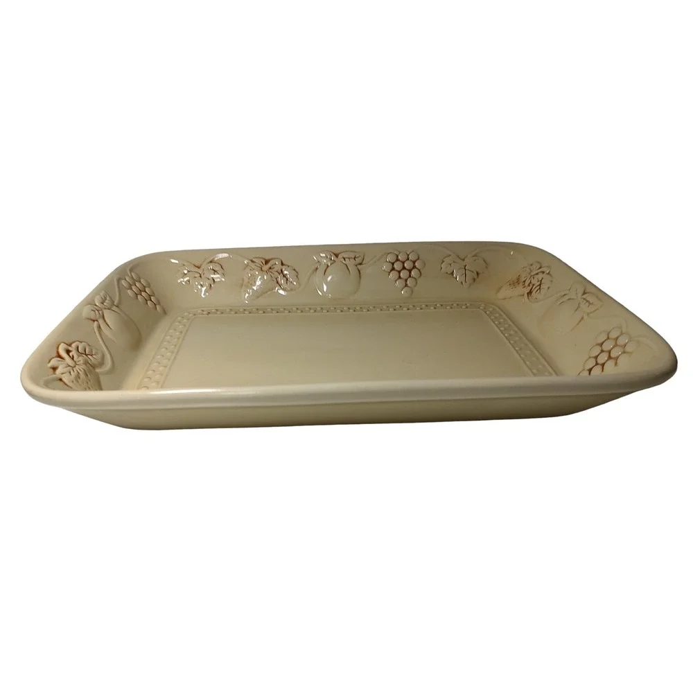Vintage Platter Ceramic Embossed Grapes Leaves Strawberries 13 x 9 in Beige Fall